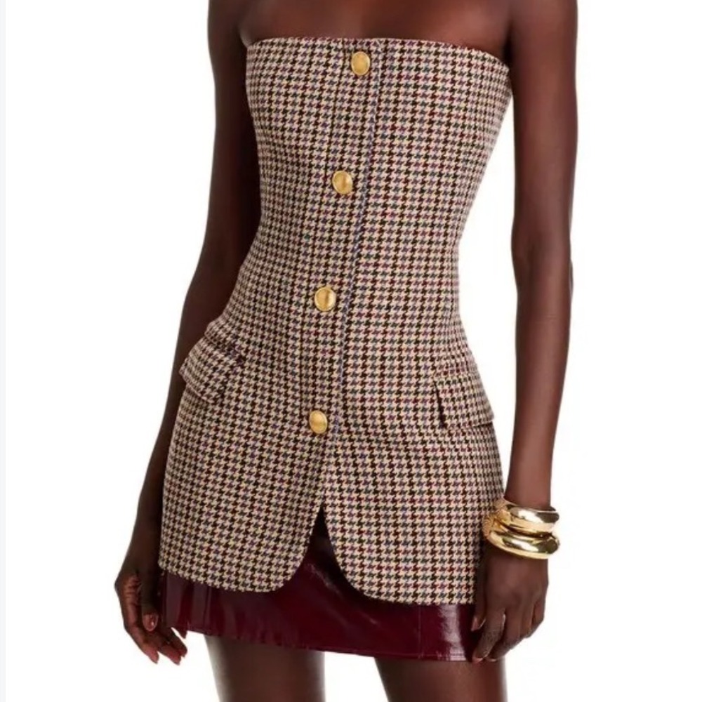 Ronny Kobo Spencer Blazer Oxblood Houndstooth Strapless Top Gold Buttons Size L